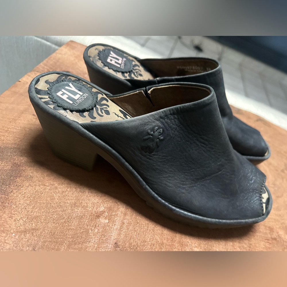Fly London Black Leather Mules Size 38
